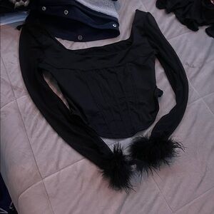 SHEIN Black Long Sleeve Top with Feather Cuffs